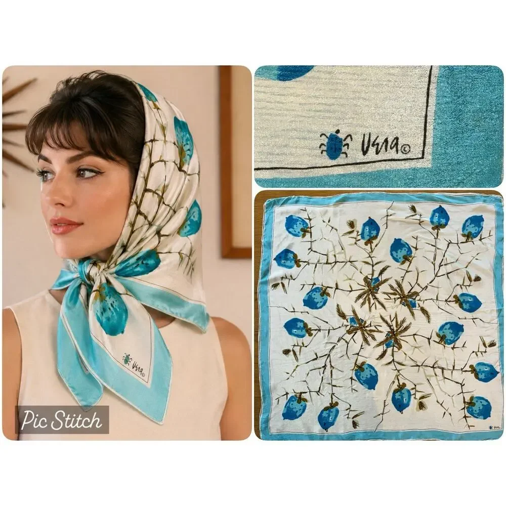Vintage Vera Neumann Silk Scarf Hand Rolled Blue Floral Ladybug 29” Square